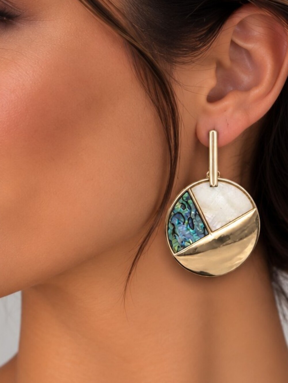 💎 Gold Tone Abalone Shell Style Geometric Round Statement Dangle Earrings